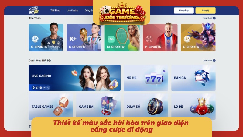 Thiết kế màu sắc hài hòa trên giao diện cổng cược di động